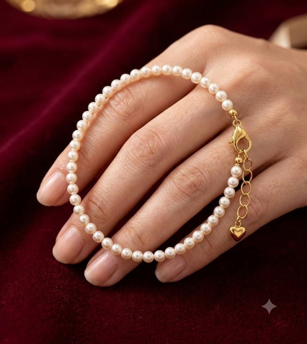 White Pearl Bracelet with Gold Heart Charm
